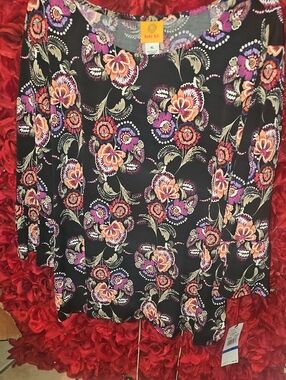 Ruby Rd. NWT Black Floral Top with Orange & Purple Blooms Size Xlarge